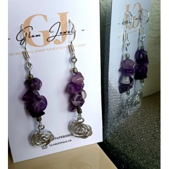 Purple Chip Crystal Wire Wraped Rose Earrings