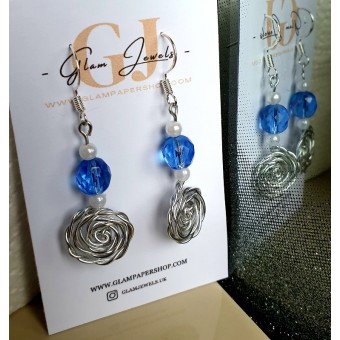 Blue Beads and Wire Wraped Rose Earrings