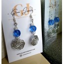 Blue Beads and Wire Wraped Rose Earrings