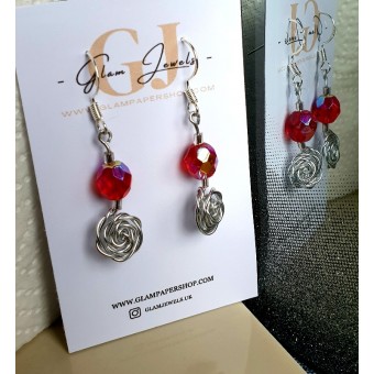 Red Beads and Wire Wraped Rose Earrings