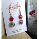 Red Beads and Wire Wraped Rose Earrings