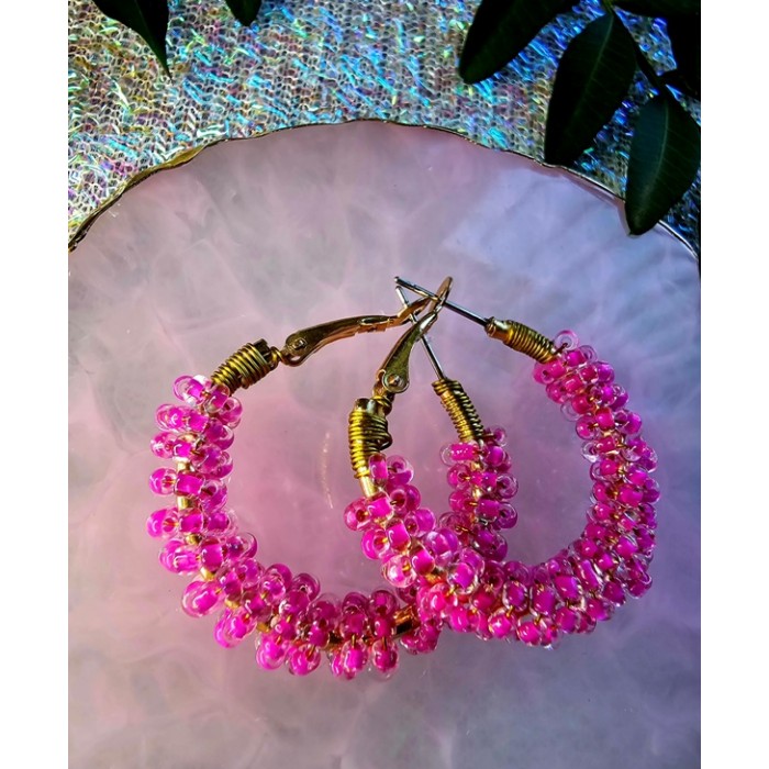 Pink Beads Hoop Earrings