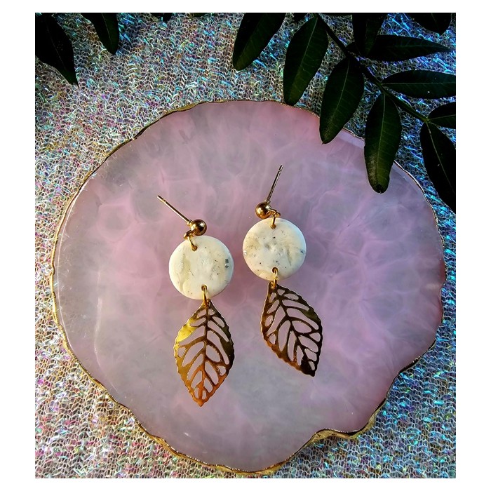 White-Gold Leaves Drop Earrings