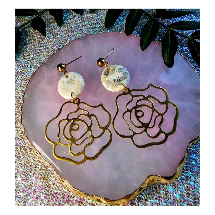 White-Gold Roses Drop Earrings