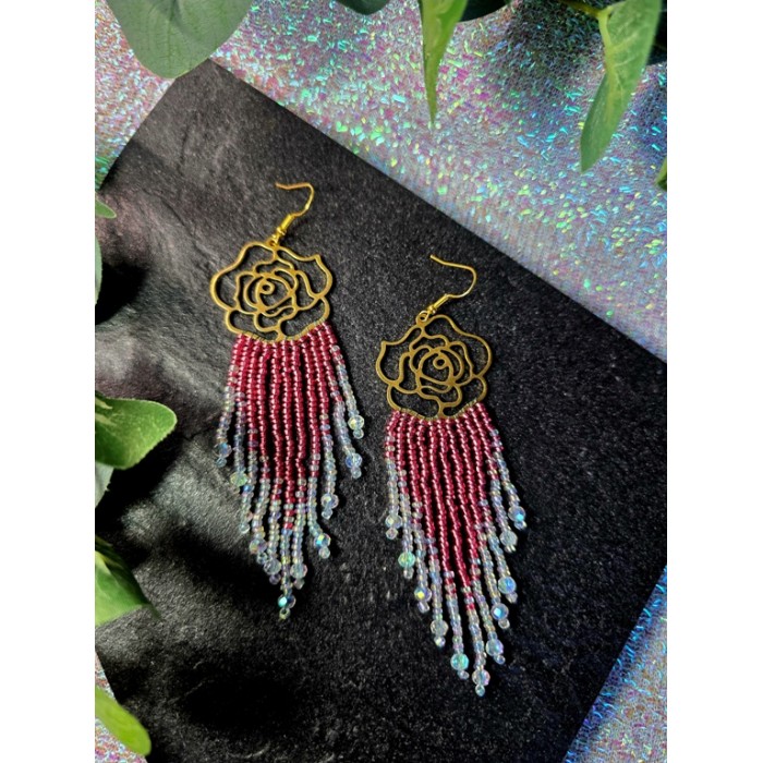Pink and crystal Gold Roses Fringe Earrings
